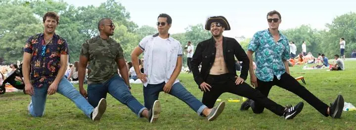 Five men in denim posing on a park lawn