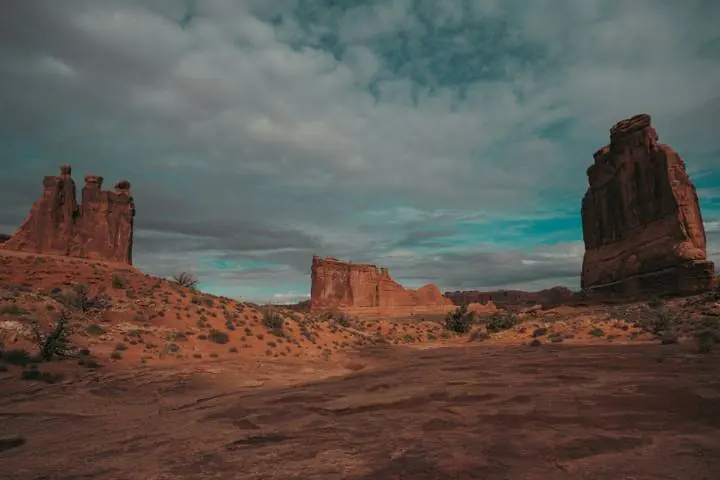 Red rock towers rising from a desert plain
