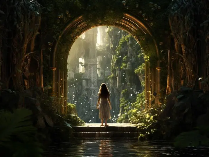 A woman standing at an ornate archway that opens onto a lush garden