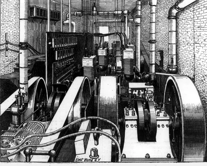 An 1880s engraving of the dynamos inside Pearl Street Station