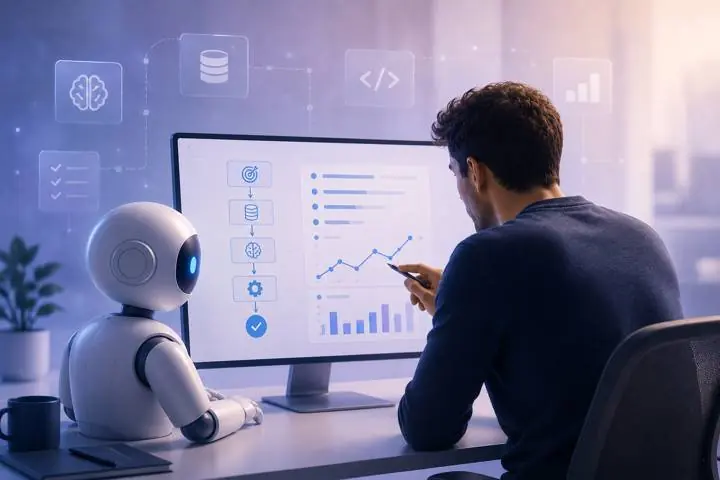 A person working at a monitor beside an AI robot assistant