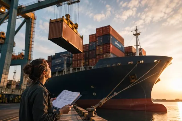 A woman holding freight paperwork watches containers load onto a ship at dusk