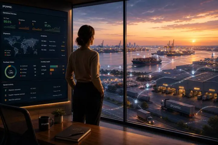 An operator looks out over a port at sunset beside a wall of dashboards