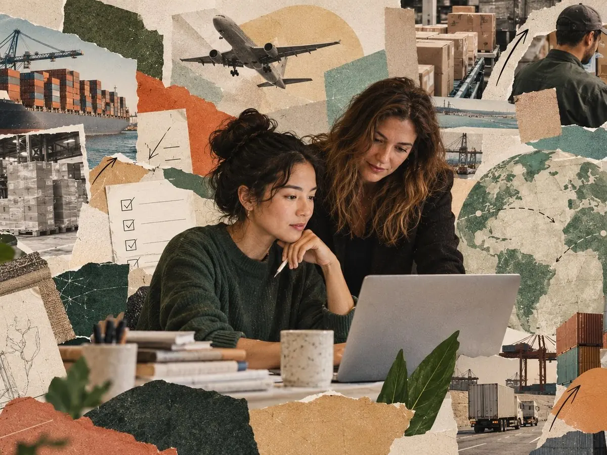 Two young operators at a laptop, in a collage of ports, planes and parcels