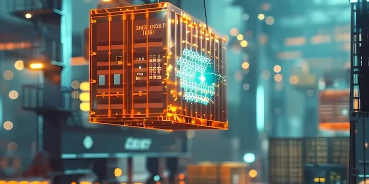 A glowing shipping container suspended above a port