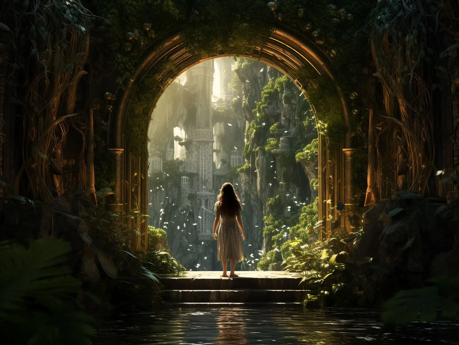 A woman standing at an ornate archway that opens onto a lush garden
