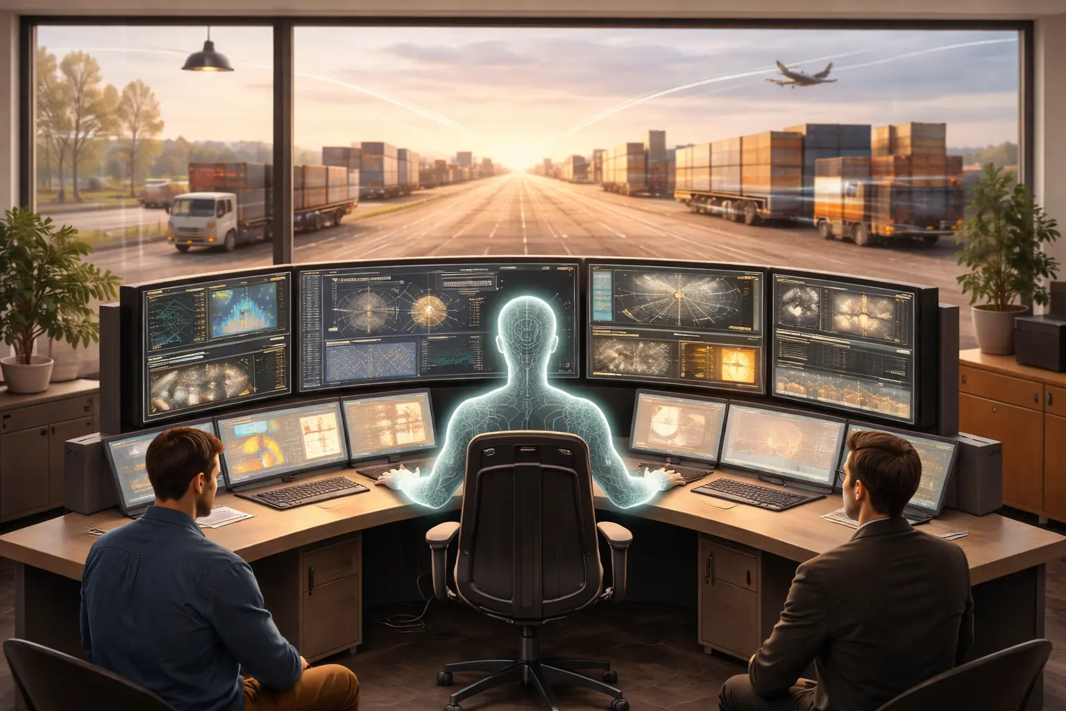 Two operators at a control desk beside a glowing AI figure, with trucks and planes outside