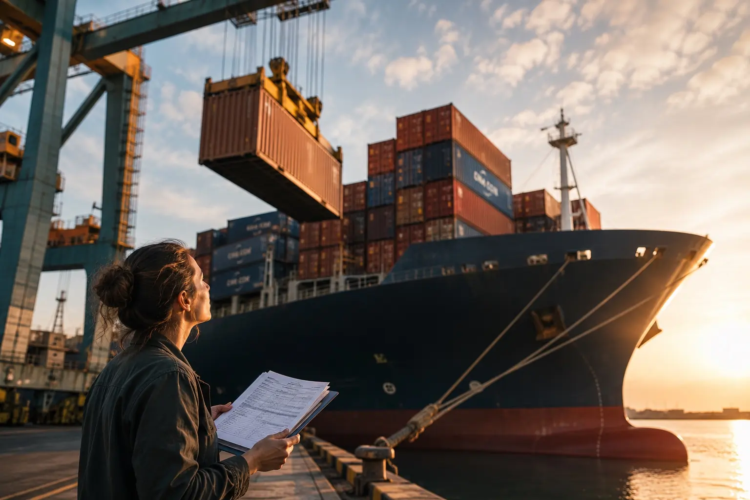 A woman holding freight paperwork watches containers load onto a ship at dusk