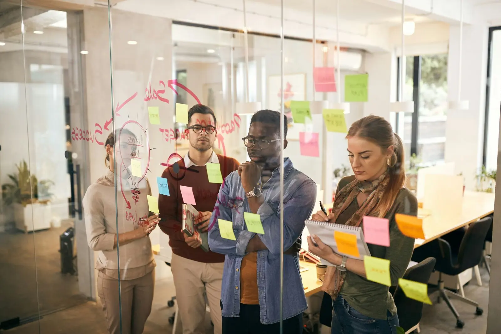 A team reviews sticky notes on a glass wall