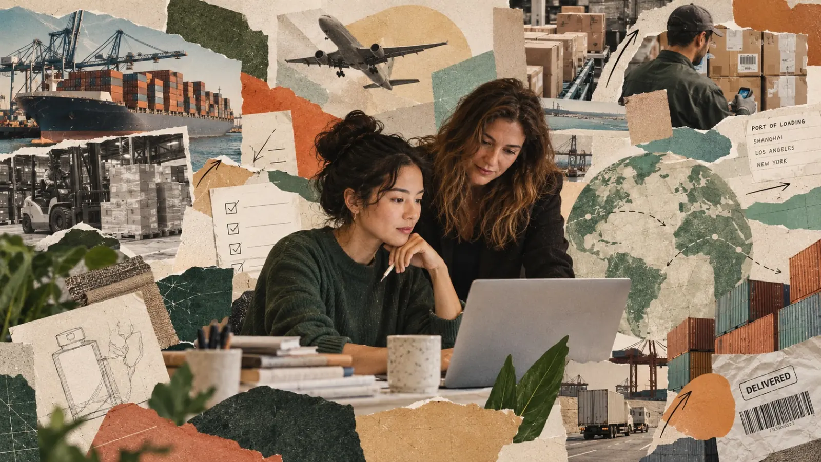 Two young operators at a laptop, in a collage of ports, planes and parcels